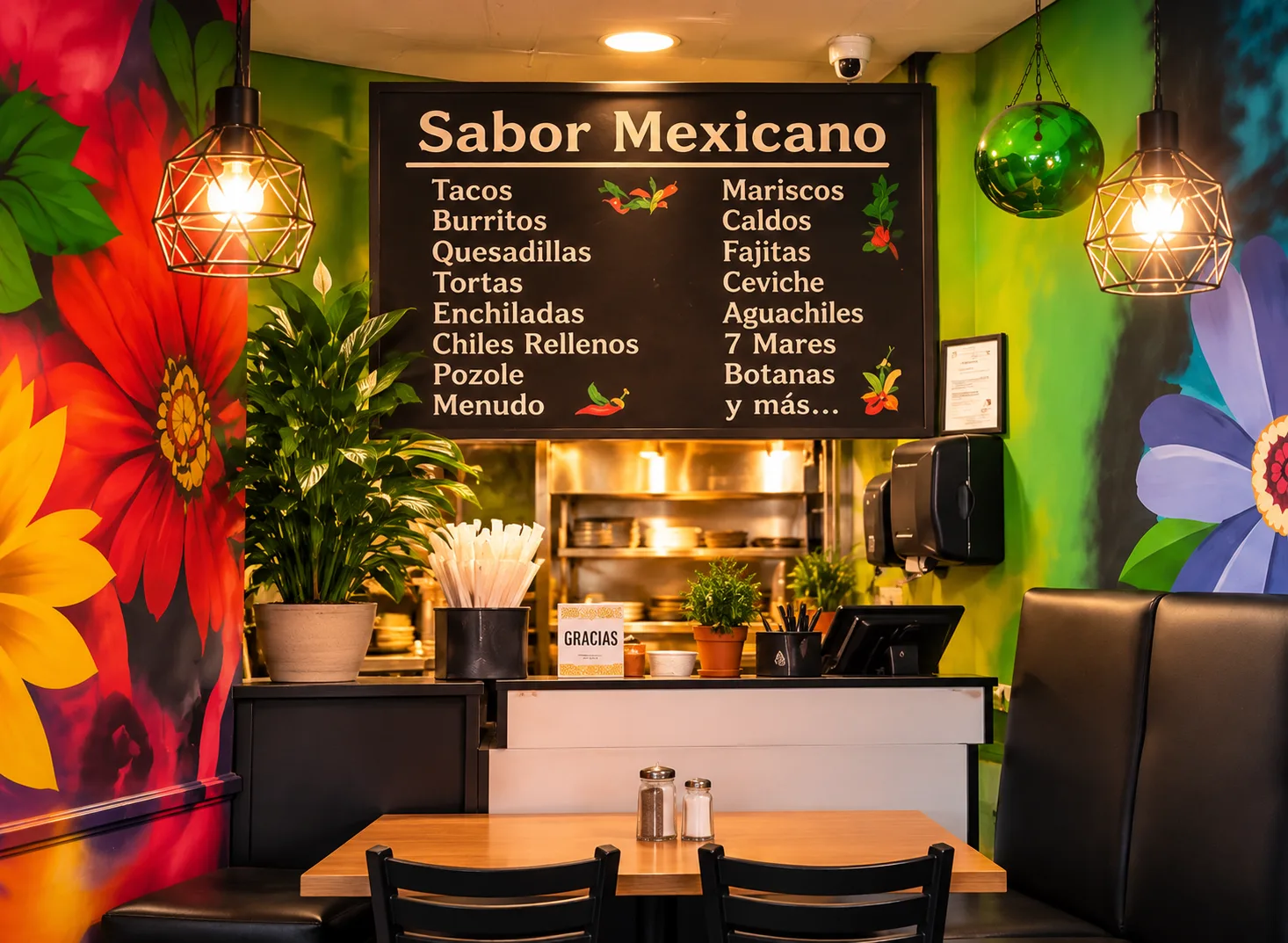 Pizarrón con el menú, plantas y murales de flores junto a la cocina