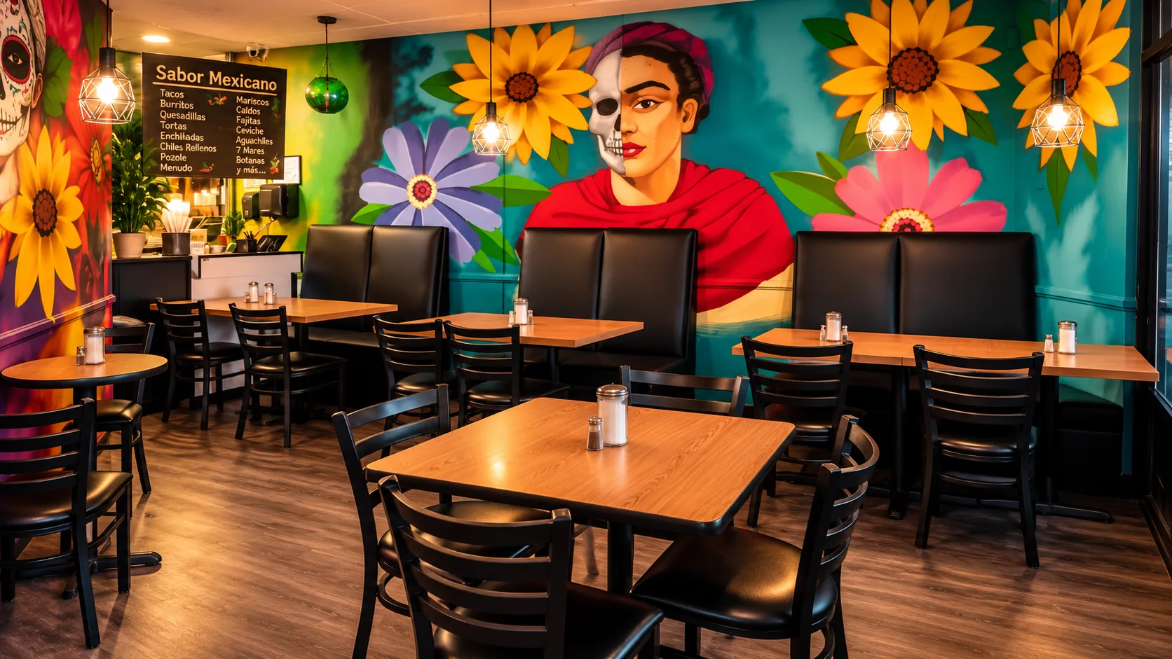 Comedor con mesas de madera y murales de Frida, girasoles y una catrina